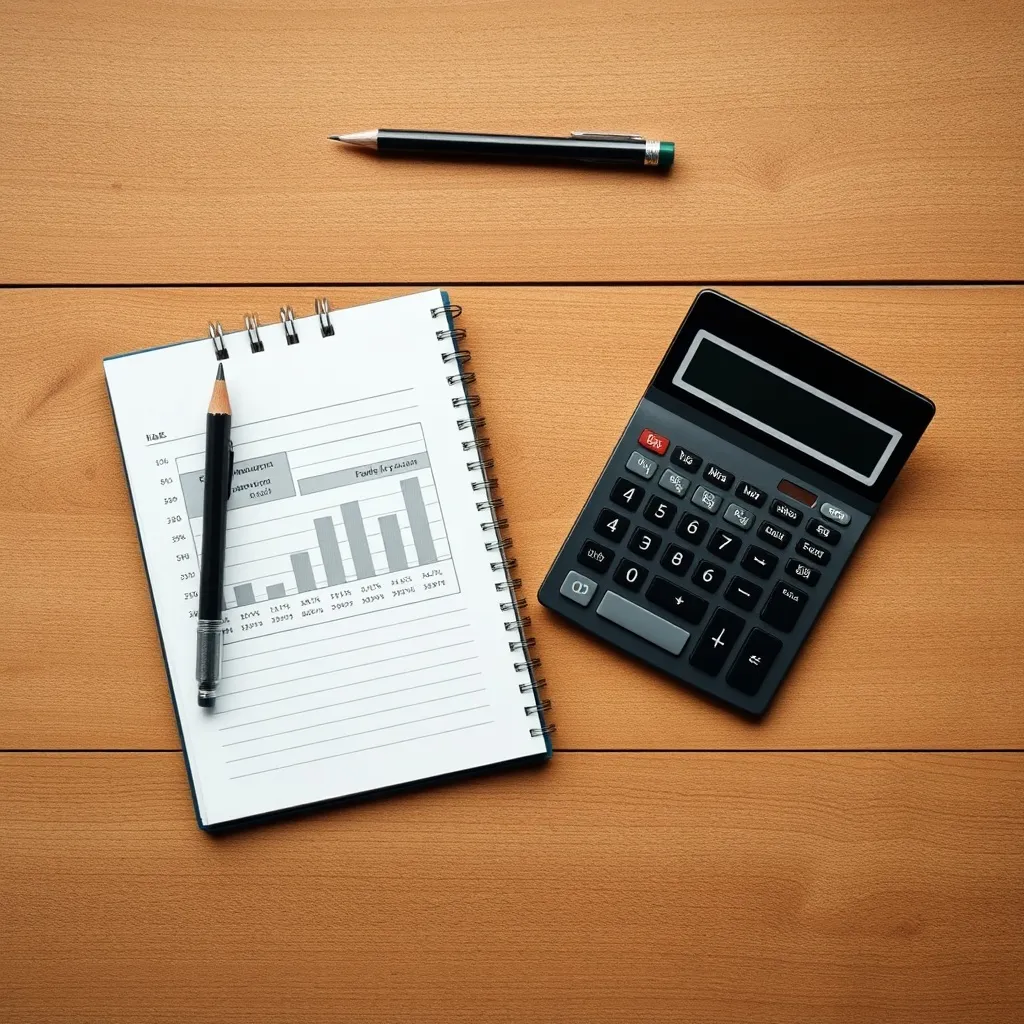 A professional, clean overhead shot of a wooden desk with a