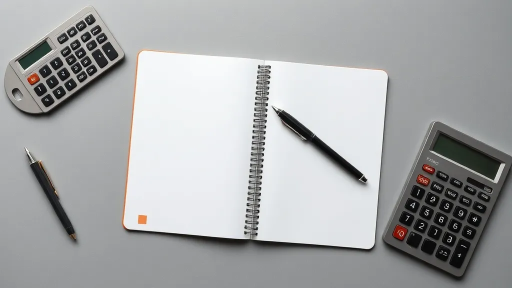 Clean minimalist workspace with a notebook, pen and calculat