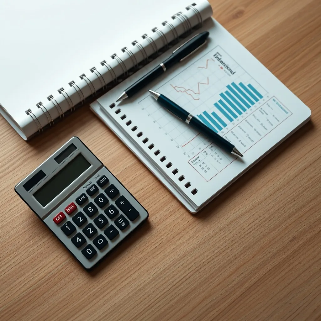 A professional overhead shot of a calculator, a notebook wit