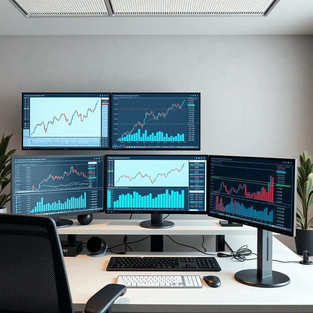 Professional financial workstation with charts on monitors,