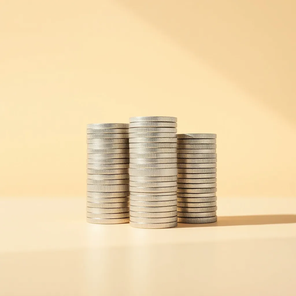 Minimalist composition of silver coins stacked in neat rows